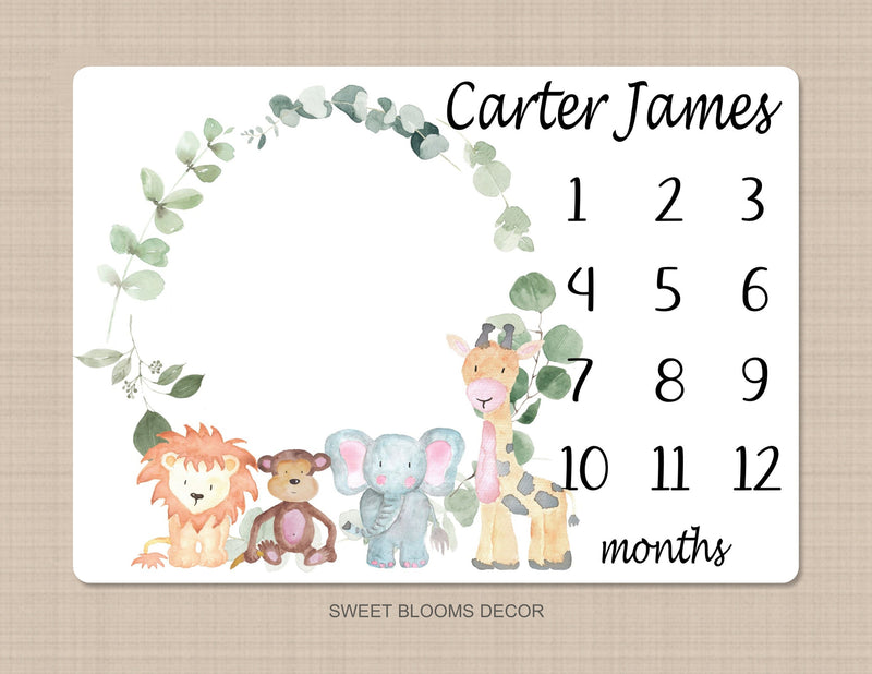 Safari Animals Milestone Blanket Monthly Growth Tracker Personalized Watercolor Jungle Boy Girl Animals Newborn Baby Shower Gift B1133