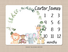 Safari Animals Milestone Blanket Monthly Growth Tracker Personalized Watercolor Jungle Boy Girl Animals Newborn Baby Shower Gift B1133