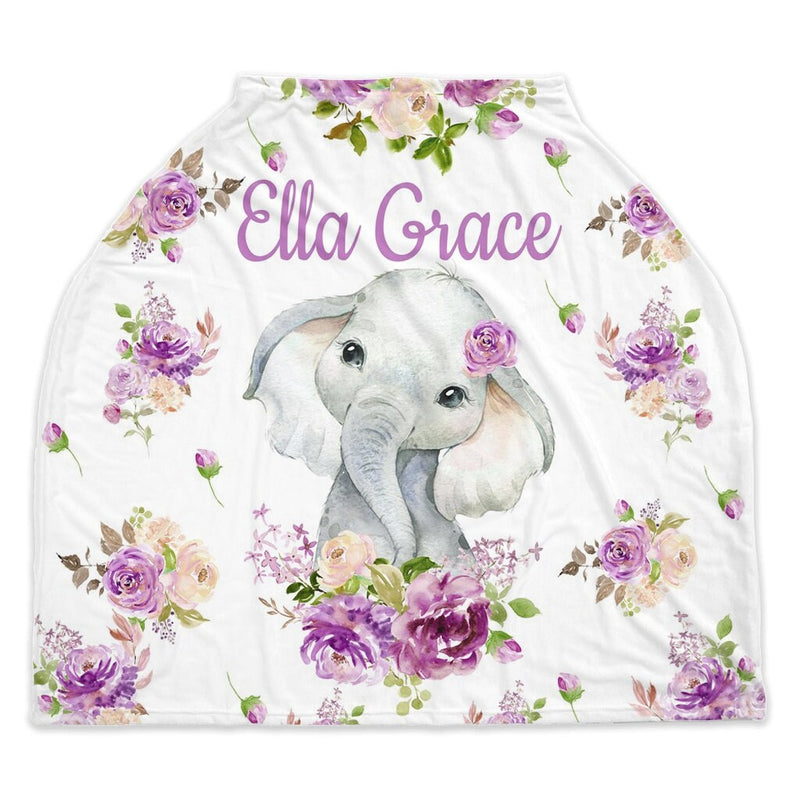 Elephant Baby Car Seat Canopy Cover Purple Lavender Lilac Flowers Girl Baby Shower Gift Shopping Cart Highchair Nursing Privacy Cover C112