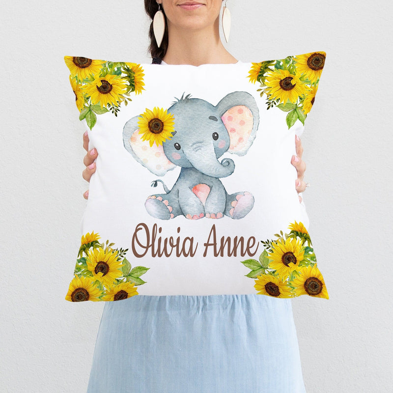 Sunflower Elephant Nursery Pillow Sunflower Yellow Nursery Decor Bedroom Room Cushion Girl Name Baby Shower Gift Crib Bedding P235