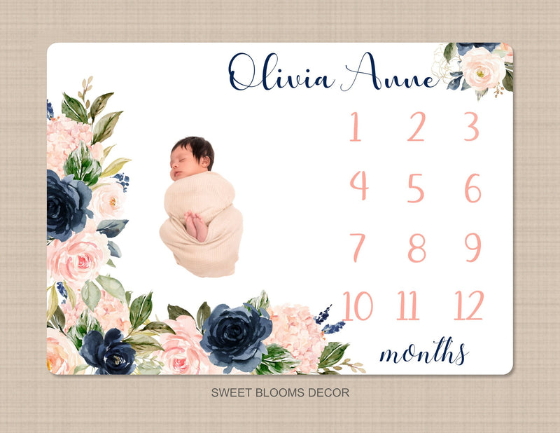 Floral Milestone Blanket Navy Blue Blush Pink Watercolor Coral Pink Flowers Roses Personalized Baby Name Shower Gift Monthly Tracker B1137