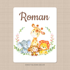 Jungle Safari Animals Baby Name Blanket Safari Greenery Name Blanket Newborn Monogram Baby Shower Gift Lion Elephant Giraffe Monkey B1225