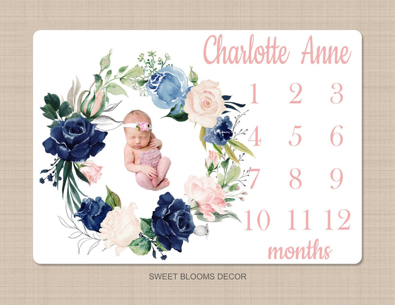 Navy and Blush Floral Milestone Blanket Coral Blush Pink Flowers Watercolor Roses Personalized Newborn Baby Shower Gift Monthly  B1143