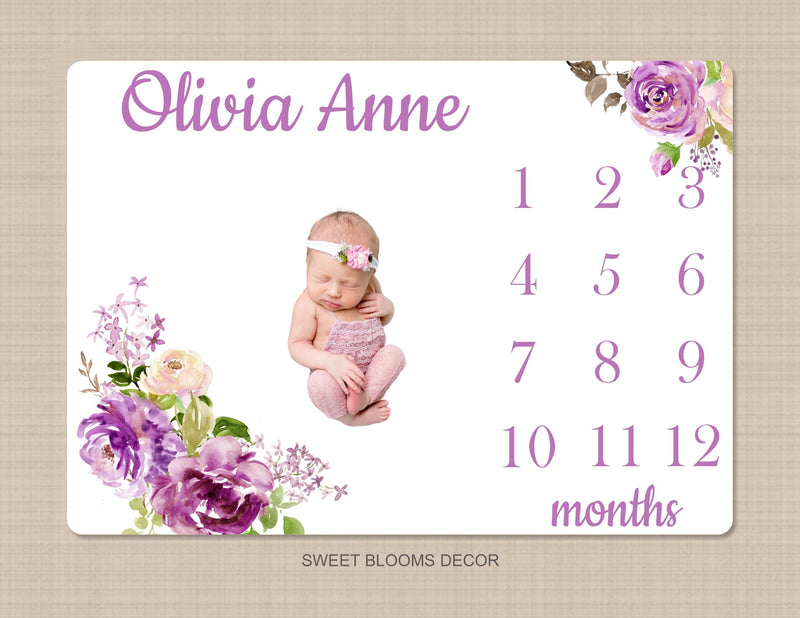 Purple Floral Milestone Blanket Lavender Lilac Flowers Watercolor Roses Personalized Newborn Baby Girl Shower Gift Growth Tracker  B1155