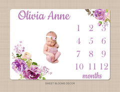 Purple Floral Milestone Blanket Lavender Lilac Flowers Watercolor Roses Personalized Newborn Baby Girl Shower Gift Growth Tracker  B1155