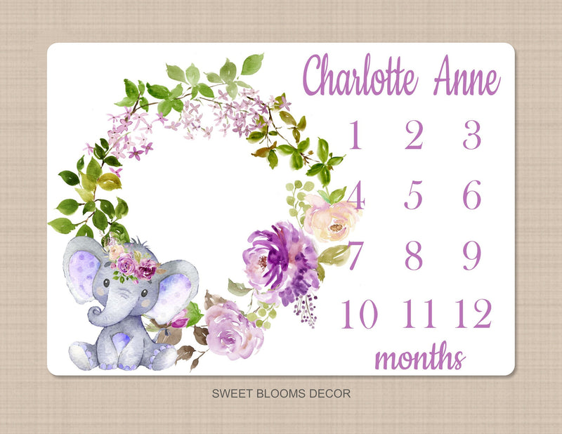 Purple Floral Elephant Milestone Blanket Lavender Lilac Flowers Watercolor Roses Personalized Newborn Baby Girl Shower Gift B1154