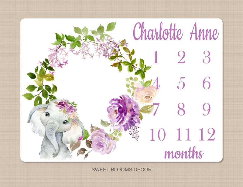 Purple Floral Elephant Milestone Blanket Lavender Lilac Flowers Watercolor Roses Personalized Newborn Baby Girl Shower Gift B1150