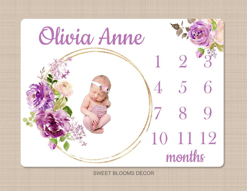 Purple Floral Milestone Blanket Lavender Lilac Flowers Watercolor Roses Ring Personalized Newborn Baby Girl Shower Gift Growth Tracker B1158