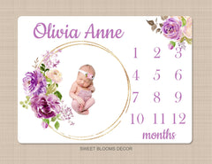 Purple Floral Milestone Blanket Lavender Lilac Flowers Watercolor Roses Ring Personalized Newborn Baby Girl Shower Gift Growth Tracker B1158