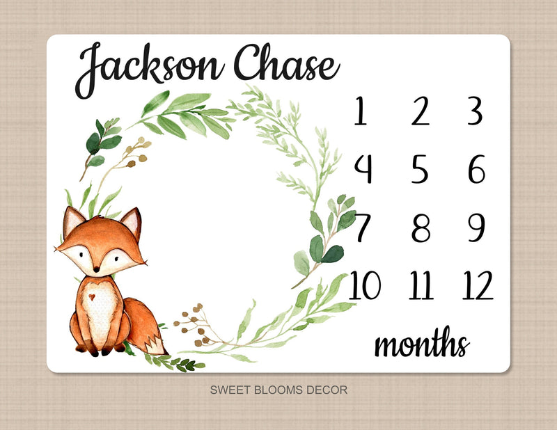 Fox Milestone Blanket Boy Woodland Monthly Blanket Growth Tracker Eucalyptus Leaves Wreath Fox Baby Blanket Newborn Baby Shower Gift B1228