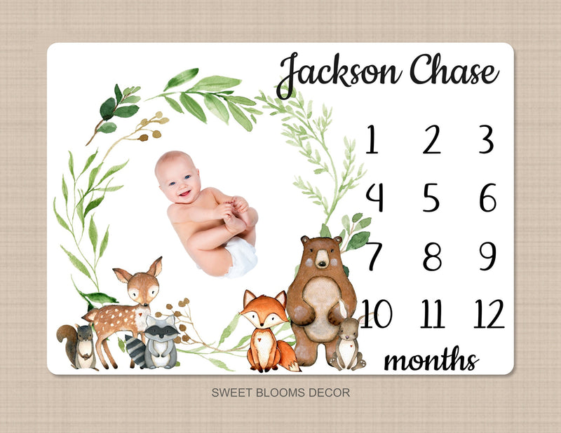 Woodland Animals Milestone Blanket Baby Boy Girl Leaves Personalized Monthly Growth Tracker Newborn Baby Shower Gift Newborn Gift B1162