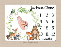 Woodland Animals Milestone Blanket Baby Boy Girl Leaves Personalized Monthly Growth Tracker Newborn Baby Shower Gift Newborn Gift B1162