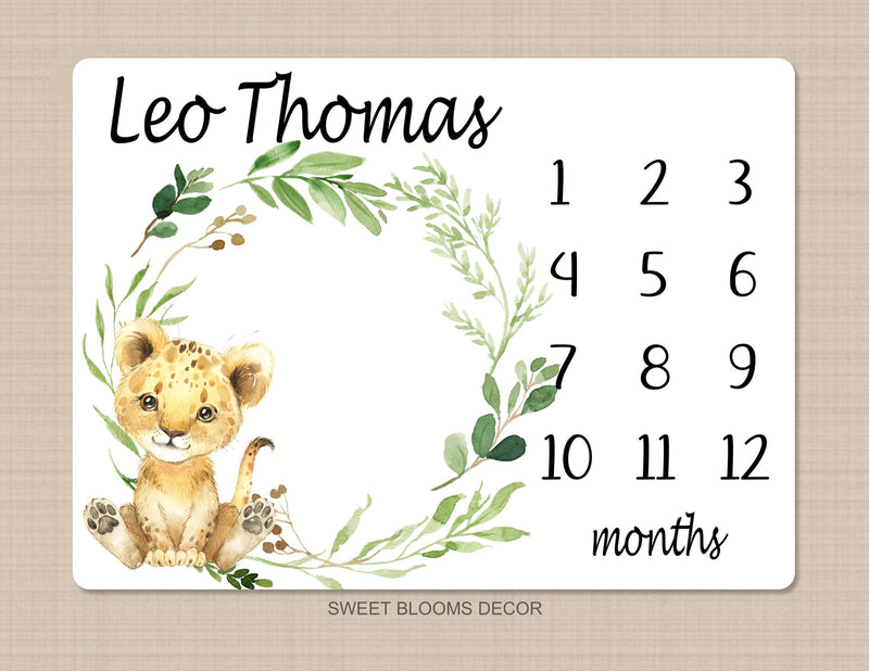 Lion Milestone Blanket Personalized Baby Lion Monthly Blanket Baby Shower Gift Newborn Baby Boy Gift Monhly Growth Tracker Leaves B1230