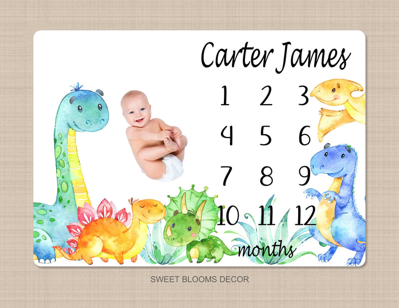 Dinosaur Milestone Blanket Baby Boy Monthly Growth Tracker Newborn Gift Blanket Baby Shower Gift Bedding Nursery Decor  B1178