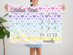 Hearts Baby Milestone Blanket Pastel Pink Purple Blue Green Yellow Gender Neutral Girl Boy Newborn Gift Baby Shower Gift Color B1184