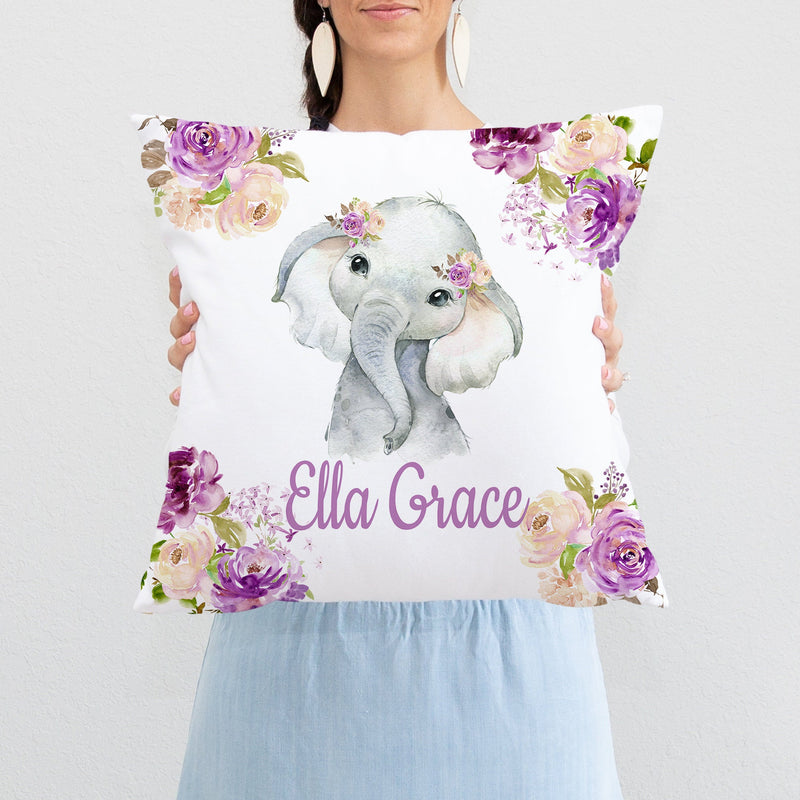 Elephant Floral Nursery Pillow Lavender Lilac Purple Flowers Leaves Cushion Watercolor Crib Bedding Baby Shower Gift P240