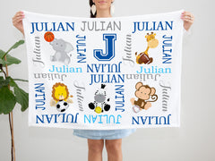 Safari Animals Sports Baby Name Blanket Personalized Monogram Baby Blanket Elephant Lion Monkey Giraffe Blanket Baby Future All Star B1191
