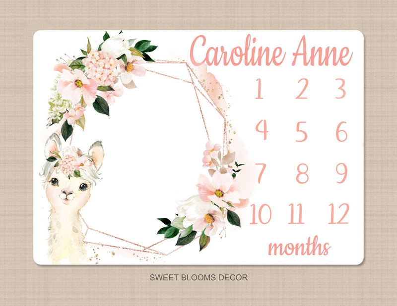 Llama  Floral Milestone Blanket Blush Pink Coral Gold Flowers  Animals Monthly Growth Tracker Newborn Baby Girl Name Baby Shower Gift B1173