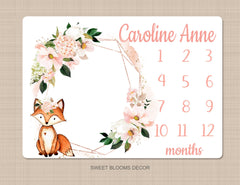 Fox Floral Milestone Blanket Blush Pink Coral Gold Flowers Woodland Monthly Growth Tracker Newborn Baby Girl Name Baby Shower Gift B1172