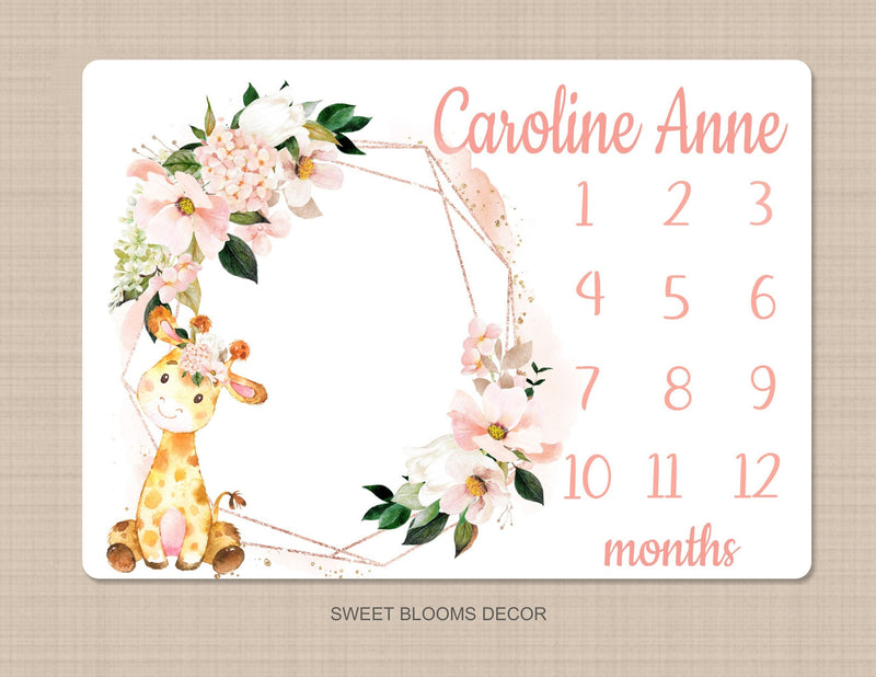 Giraffe Floral Milestone Blanket Blush Pink Coral Gold Flowers Animals Monthly Growth Tracker Newborn Baby Girl Name Baby Shower Gift B1171