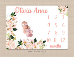 Floral Girl Milestone Blanket Blush Pink Coral Gold Flowers Personalized Baby Monthly Growth Tracker Newborn Baby Shower Gift B1169