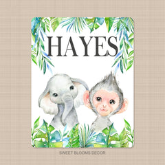 Jungle Animals Baby Blanket Safari Tropical Leaves Greenery Name Blanket Newborn Monogram Baby Shower Gift  Elephant MonkeyB1205