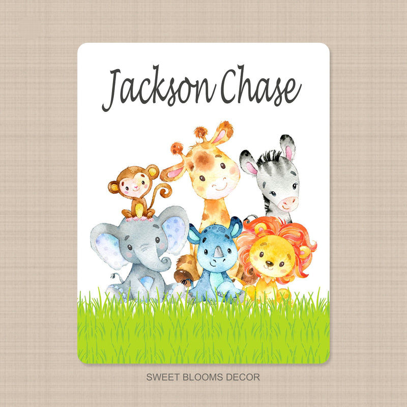 Jungle Animals Baby Boy Blanket Personalized Safari Name Blanket Newborn Crib Bedding Baby Shower Gift Lion Monkey Elephant Giraffe B1246