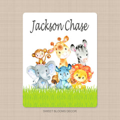 Jungle Animals Baby Boy Blanket Personalized Safari Name Blanket Newborn Crib Bedding Baby Shower Gift Lion Monkey Elephant Giraffe B1246