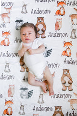 Woodland Baby Blanket Personalized Boy Name Blanket Woodland Animals Baby Shower Gift Nursery rib Bedding Fox Bear Owl Raccoon  B1026