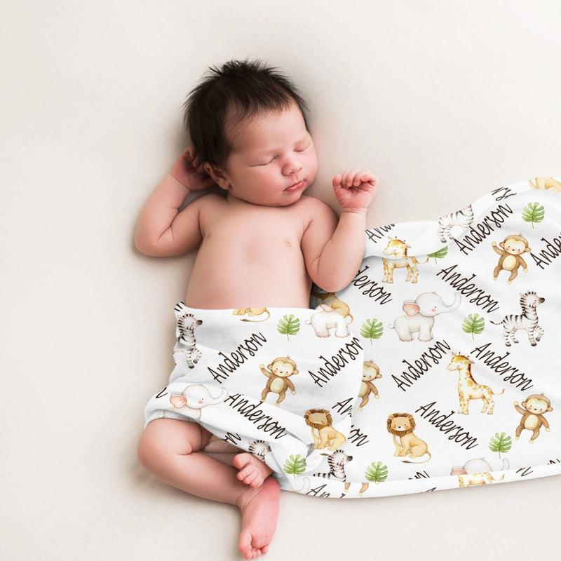 Safari Animals Baby Name Blanket Personalized Boy Girl Blanket Jungle Animals Baby Shower Gift Nursery Crib Bedding Newborn Gift  B1248