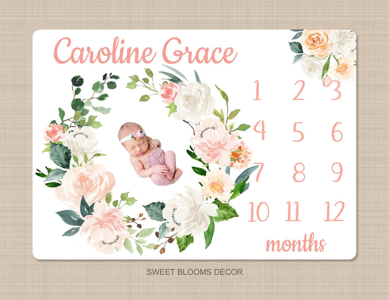 Girl Milestone Blanket, Floral Baby Girl Monthly Blanket, Coral Peach Flowers Roses Wreath Personalized Name Blanket Baby Shower Gift  B1211