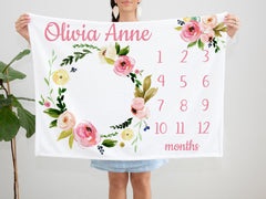 Pink Floral Milestone Blanket, Baby Girl Monthly Blanket, Blush Pink Flowers Roses Wreath Personalized Name Blanket Baby Shower Gift