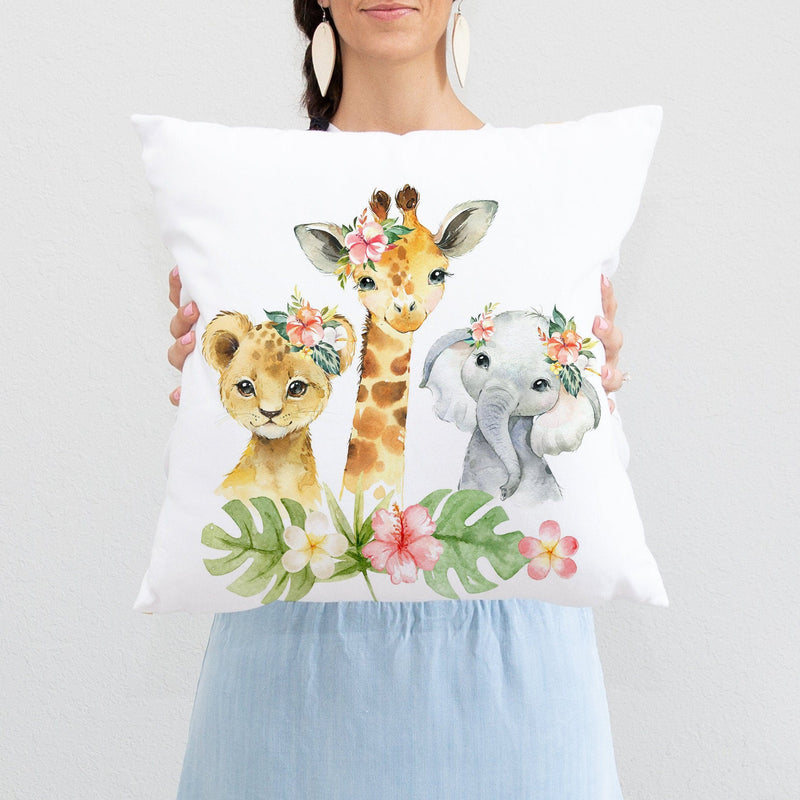 Jungle Safari Animals Nursery Throw Pillow Tropical Flowers Kids Bedroom Decor Baby Shower Gift Lion Elephant Giraffe Crib Bedding P217