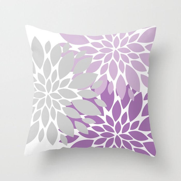 Floral Throw Pillow, Purpe Gray Lavender Dahlia Flowers Accent Pillow, Decorative Modern Home Decor, Couch Pillow Cushion