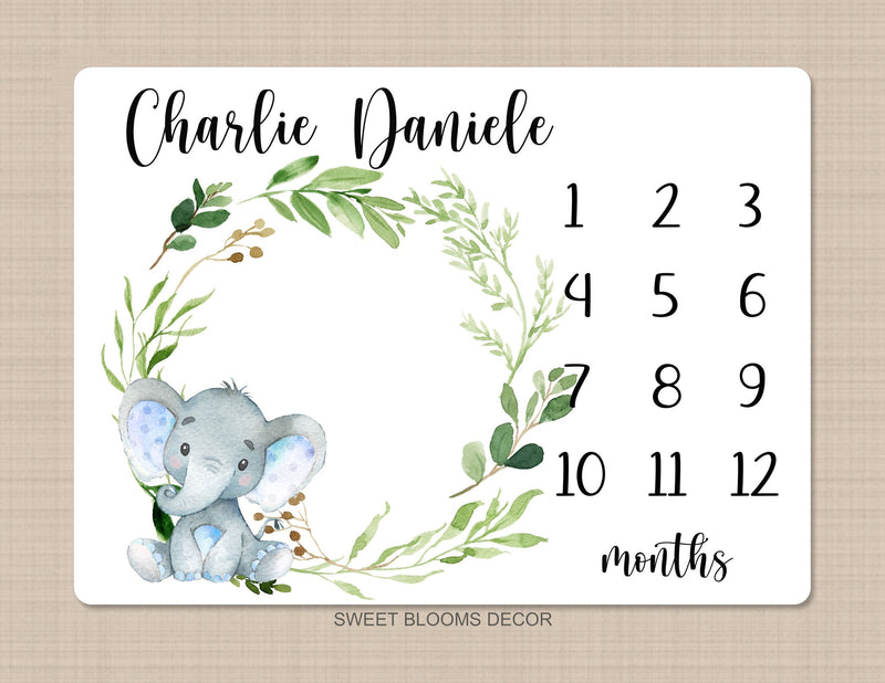 Milestone Blanket Boy Elephant Personalized Milestone Blanket Monthly Growth Tracker Safari Animals Baby Shower Gift Newborn Gift  B1214