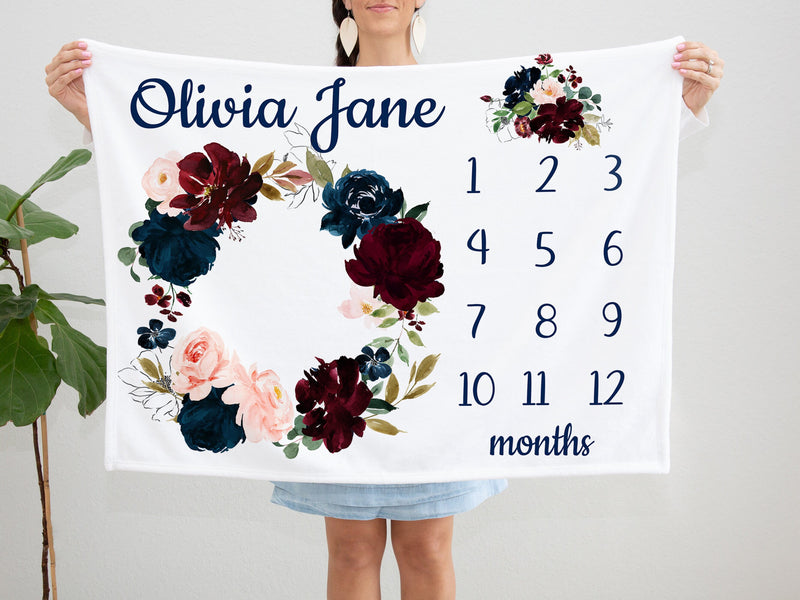 Girl Floral Milestone Blanket Blush Pink Burgundy Red Navy Maroon Watercolor Flowers Wreath Baby Name Shower Gift Monthly B1220