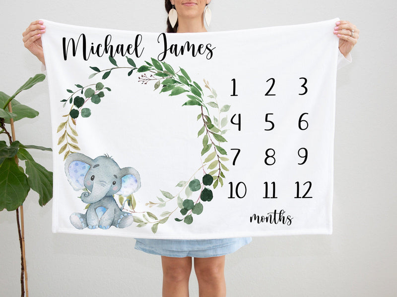 Elephant  Baby Milestone Blanket  Personalized Milestone Blanket Monthly Growth Tracker Safari Animals Baby Shower Gift Newborn Gift  B1221