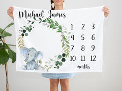 Elephant  Baby Milestone Blanket  Personalized Milestone Blanket Monthly Growth Tracker Safari Animals Baby Shower Gift Newborn Gift  B1221