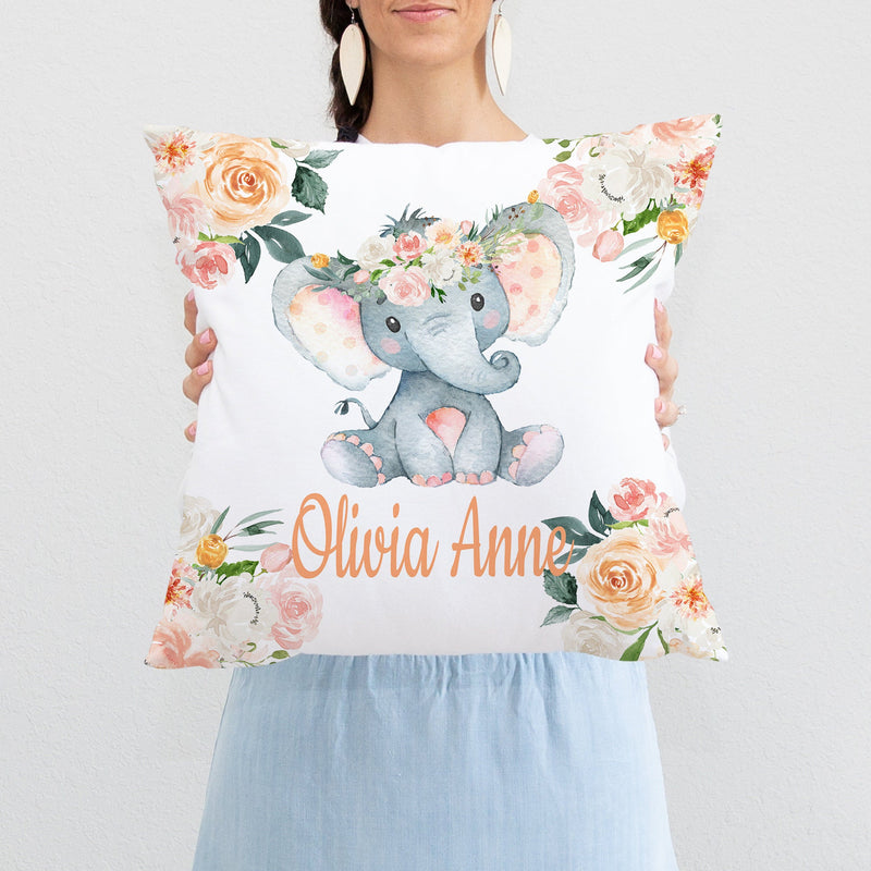 Elephant Floral Girl Throw Pillow Nursery Decor Blush Pink Peach Watercolor Flowers Bedroom Room  Cushion Girl Name Baby Shower Gift P234