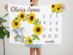 Sunflower Elephant Milestone Blanket Flowers Wreath Monthly Growth Tracker Newborn Gift  Baby Girl Name Baby Shower Gift B1224