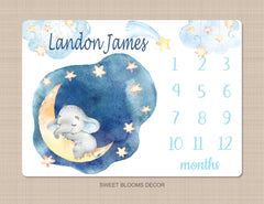 Elephant Milestone Blanket Personalized Baby Boy Blanket Newborn Baby Shower Gift Growth Tracker Moon Stars Sleeping Elephant B1229