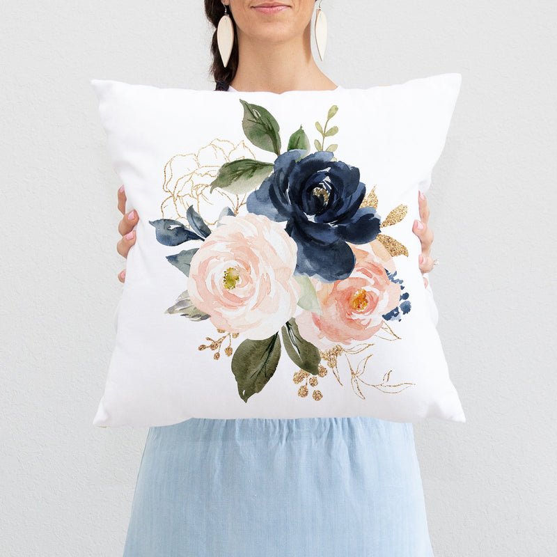 Floral Throw Pillow Watercolor Navy Blue Blush Pink Coral Flowers Nursery Pillow Bedroom Room Decor Cushion   P255