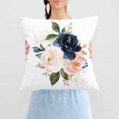 Floral Throw Pillow Watercolor Navy Blue Blush Pink Coral Flowers Nursery Pillow Bedroom Room Decor Cushion   P255