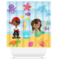 Mermaids Pirates Shower Curtain Sea Animals Brother Sister Shower Bathroom Decor Kids Bathroom Turtle Starfish Octopus Crab Fish S108