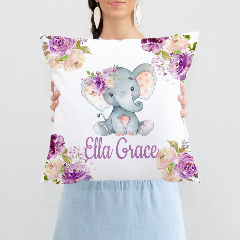 Elephant Floral Nursery Pillow Lavender Lilac Purple Flowers Flowers Leaves Wreath Cushion Watercolor Crib Bedding  P239