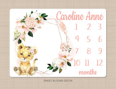 Lion Girl Floral Milestone Blanket Blush Pink Coral Gold Flowers Animals Monthly Growth Tracker Newborn Baby  Name Baby Shower Gift B1235