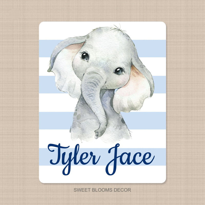 Elephant Boy Name Blanket Personalized Baby Blanket Blue Gray Stripes Baby Shower Gift Birthday Gift Elephant Nursery Crib Bedding   B1238