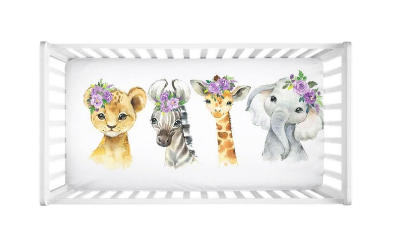 Jungle Safari Animals Crib Sheet Purple Lavender Flowers Leaves Newborn Baby Shower Gift Nursery C123