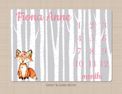 Fox Girl Milestone Blanket Pink Gray Birch Tree Floral Monthly Blanket Growth Tracker Woodland  Blanket Newborn Gift Baby Shower Gift B1241