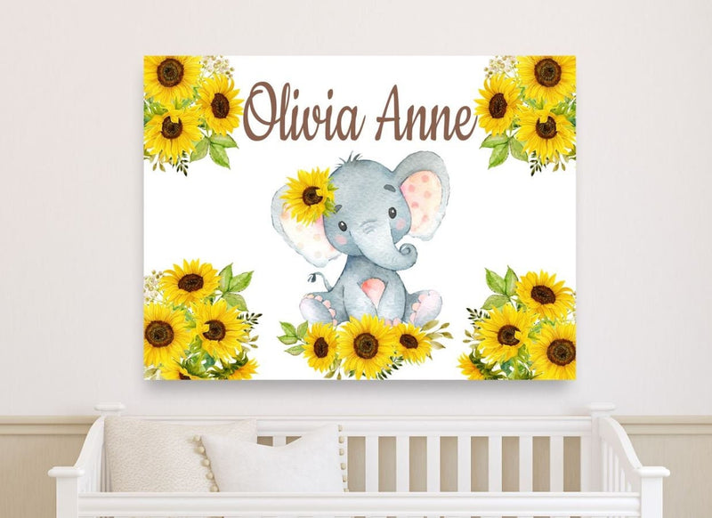 Sunflower Elephant Nursery Name Sign Wall Art  Baby Girl Bedroom Decor Personalized Baby Shower Gift Over The Crib Sign CANVAS C936